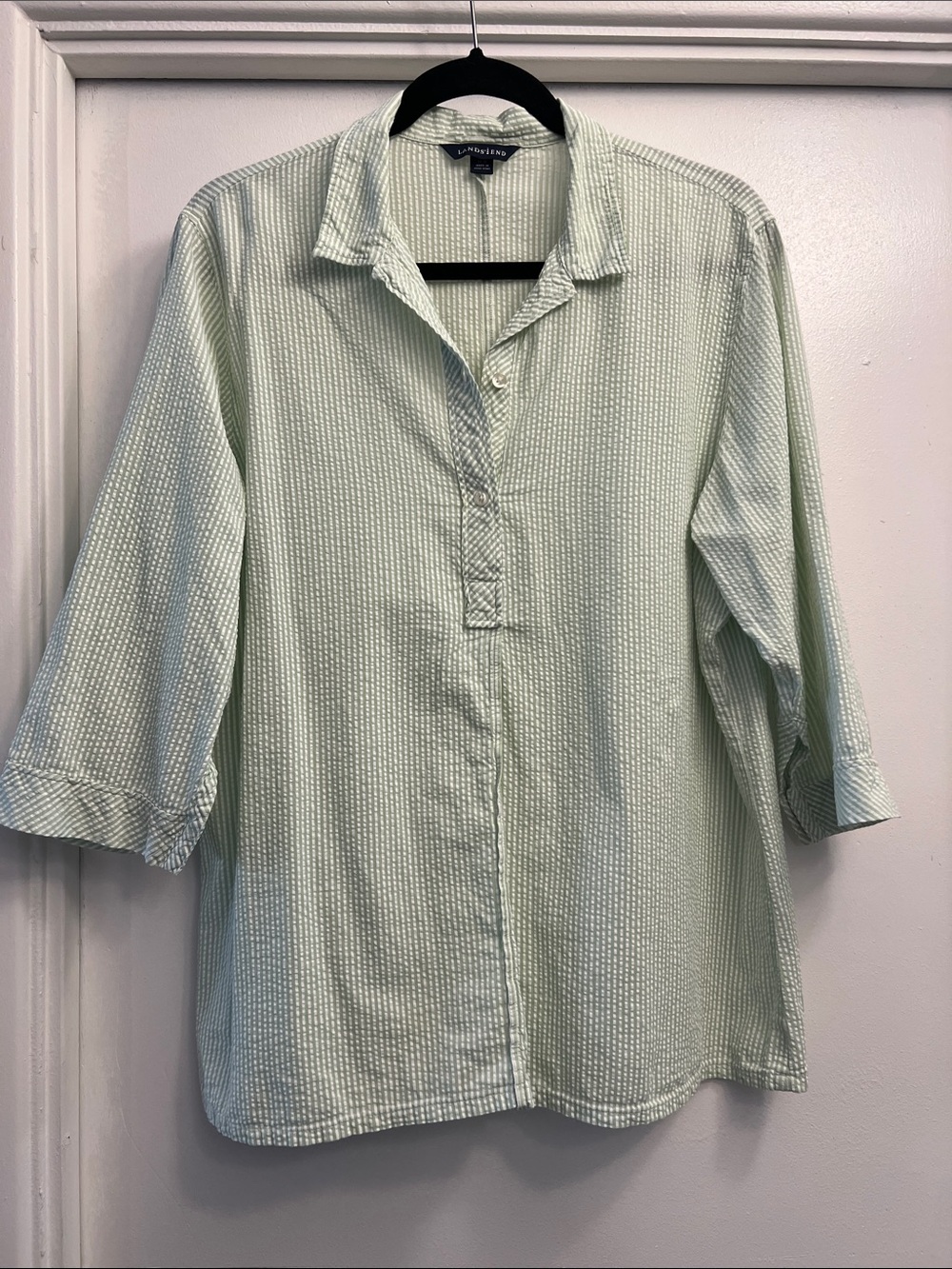 Lands' End Green Stripe 3/4 Sleeve Seersucker Popover Size Large